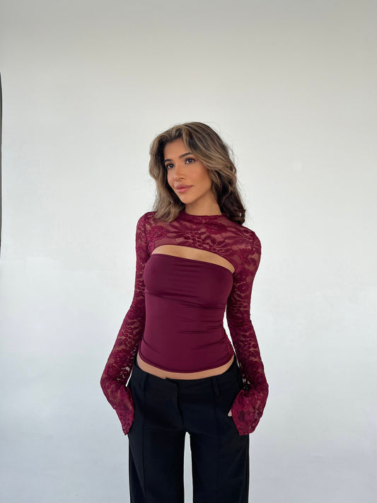 Lara lace long sleeve top - burgundy