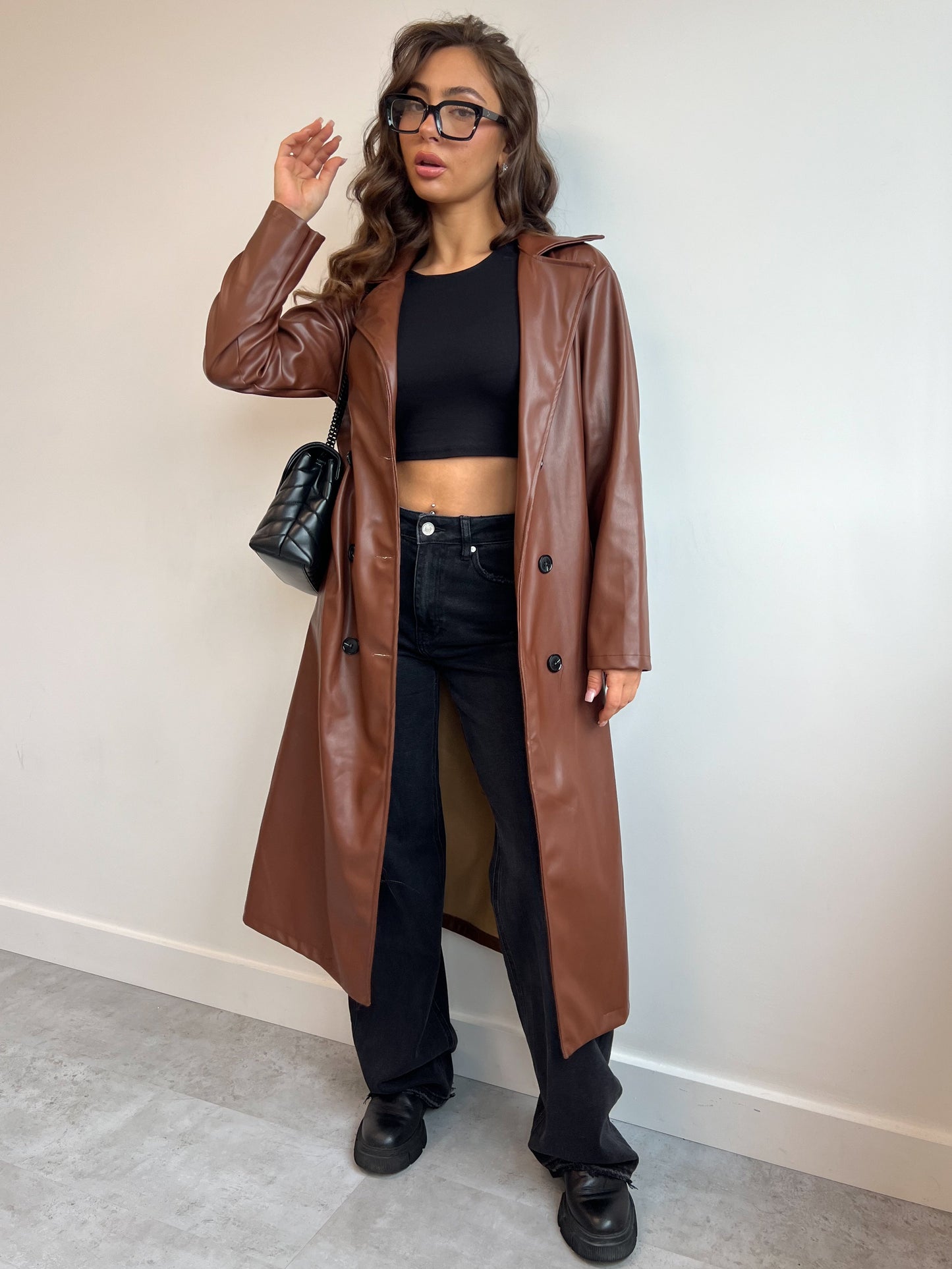 LEATHER LOOK TRENCH BROWN