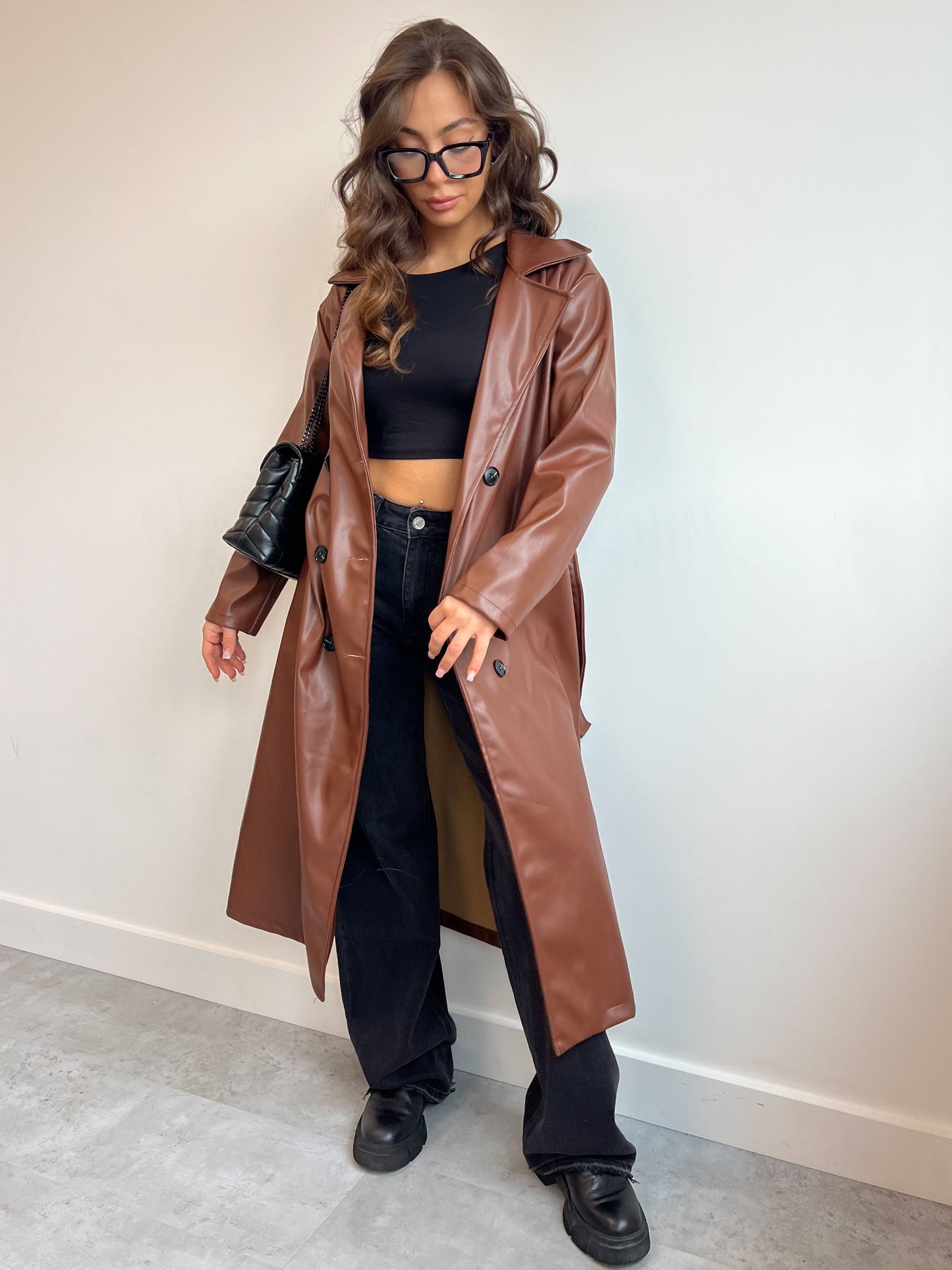 LEATHER LOOK TRENCH BROWN