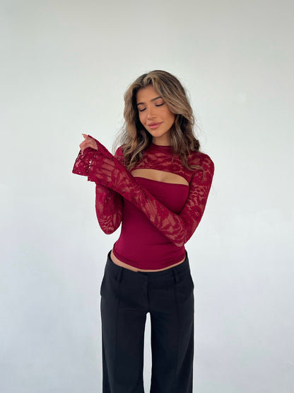 Lara lace long sleeve top - dark red