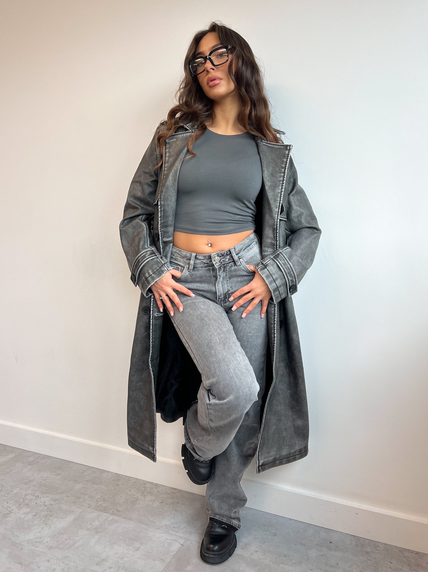 LEATHER LOOK VINTAGE TRENCH GREY