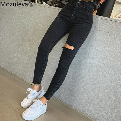 High Waist Tassel Ripped Denim Skinny Pants - Women's Black Jeans