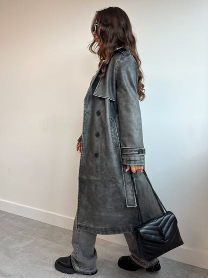 LEATHER LOOK VINTAGE TRENCH GREY