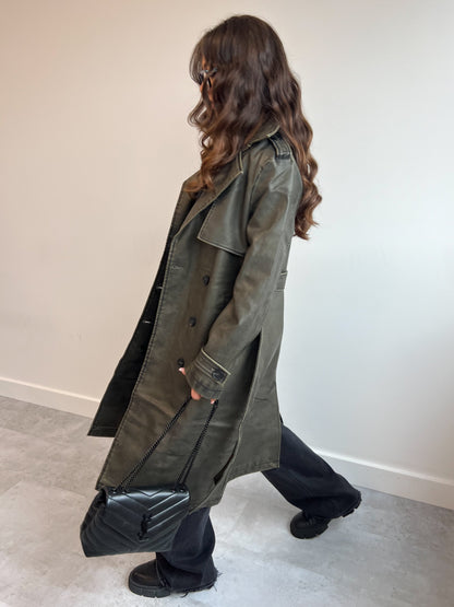 LEATHER LOOK VINTAGE TRENCH GREEN