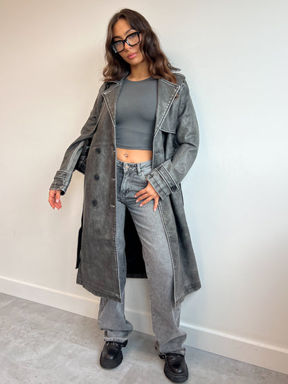 LEATHER LOOK VINTAGE TRENCH GREY